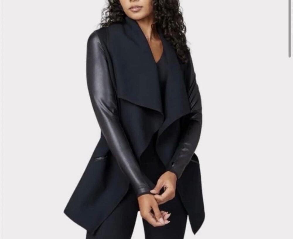 Spanx Drape Front Jacket Faux Leather Sleeves Black Ponte Knit Women’s Sz 3XL